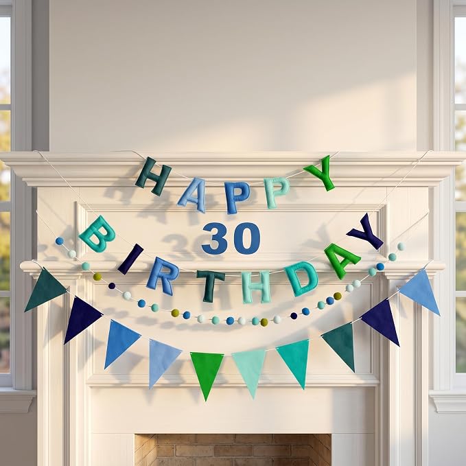 Pre-Strung Felt Happy Birthday Banner Decorations for Women Men | 3D Blue Birthday Party Decorations Sign with Replaceable Numbers 0-9,Multicolor Felt Ball & Triangle Flags Garland (Blue)