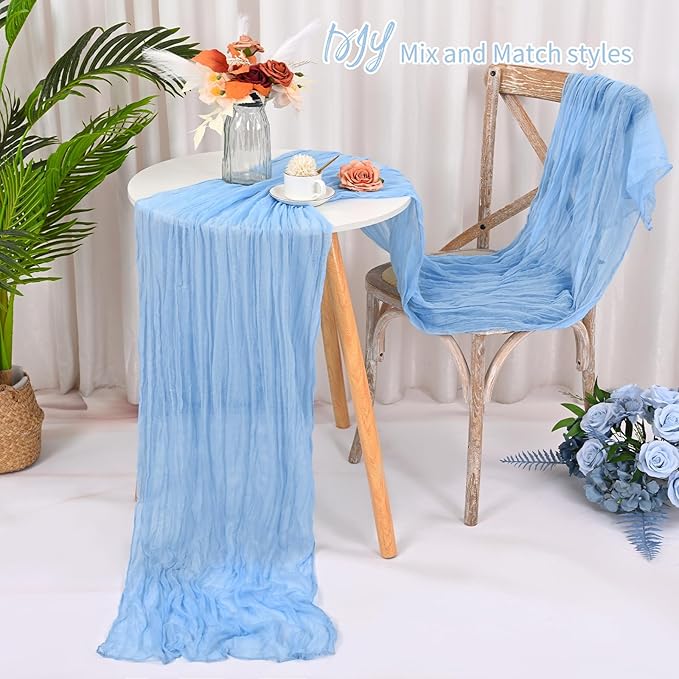 16 Pack Light Blue Cheesecloth Table Runner 120 Inch 10FT Spring Boho Rustic Sheer Gauze Cheese Cloth Table Runner for Wedding Baby Shower Birthday Party Table Decor