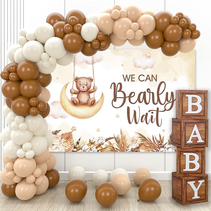 DataMoon Teddy Bear Baby Shower Party Decorations - Wood Grain Boxes with Baby Letters, 90PCS Nude and Brown Balloons, Boho Backdrop “We Can Bearly Wait” for BabyShower, Gender Reveal,Birthday Party