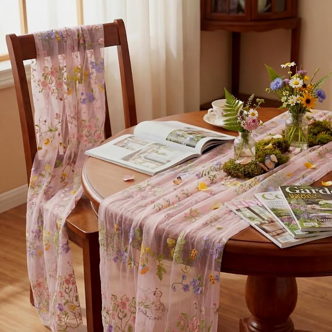 Pink Floral Table Runner 10ft Embroidery Tulle Spring Wildflower Table Runner Seasonal Summer Butterfly Kitchen Dining Gauze Decoration for Wedding Baby Shower Birthday Party (3 Pcs)