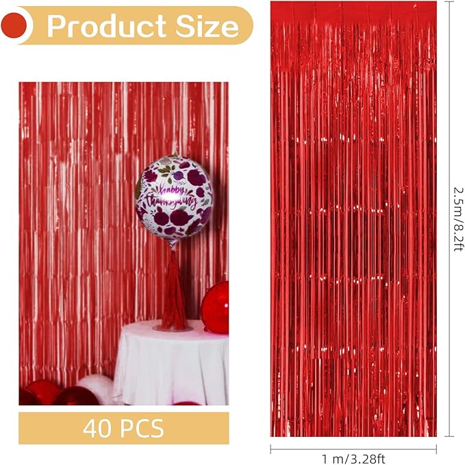 40 Pack Red Foil Curtain Backdrop Metallic Tinsel Foil Fringe Curtains Photo Booth Props for Birthday Party Decoration Christmas Holiday Halloween New Year Party Supply, Red