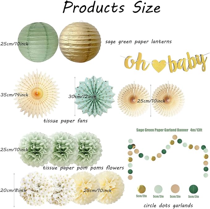 Sage Green Baby Shower Decorations Oh Baby Banner Tissue Paper Pom Poms Flowers Paper Fans Circle Dot Garland Neutral Party Supplies Boy Girl Gender Reveal Birthday Party Decorations