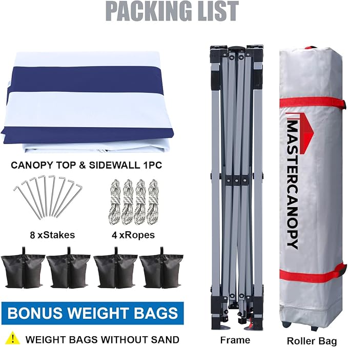 MASTERCANOPY 10x10 Pop Up Canopy Tent with 1 Sidewall, 1 Person Setup Instant Shelter, Outdoor Portable Beach Canopy, 1 Roller Bag, 4 Sandbags, 4 Ropes, 8 Stakes (10x10, Navy Blue Stripes)