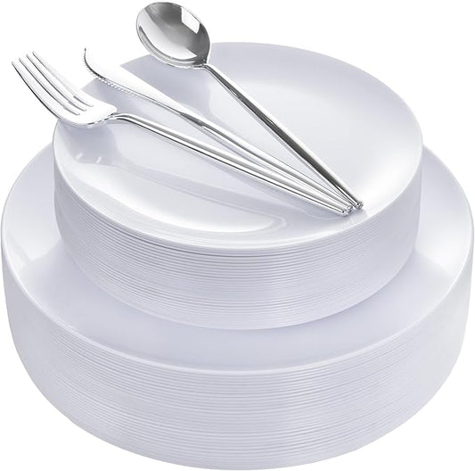 I00000 white Plastic Plates with Disposable silver silverware, disposable plates,nice disposable plates include 30 Dinner plates,30 white dessert plates, 90 Plastic Silverware Set for Valentine's Day
