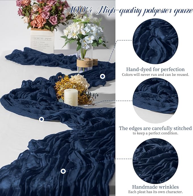 24 Packs Cheesecloth Table Runner Navy Blue,10 Ft Rustic Gauze Boho Wedding Table Runner Decoration, Wedding Table Decor Table Cloth for Wedding Party Bridal Shower Table,21.5x120in