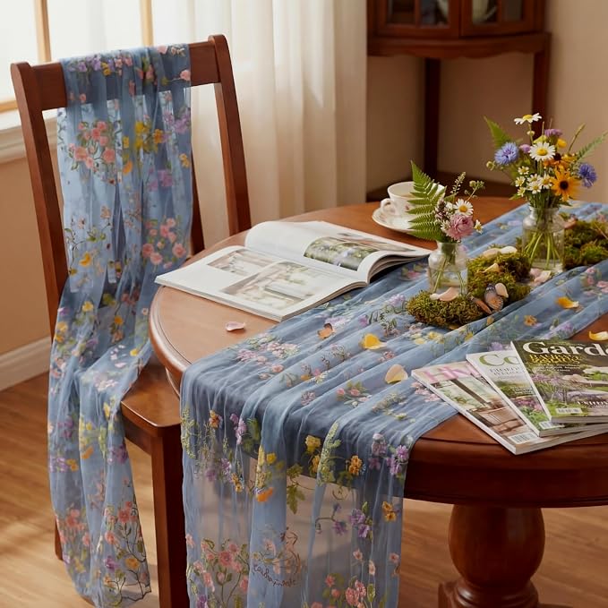 Blue Floral Table Runner 10ft Embroidery Tulle Spring Wildflower Table Runner Seasonal Summer Butterfly Kitchen Dining Gauze Decoration for Wedding Baby Bridal Shower Birthday Party (3 Pcs)