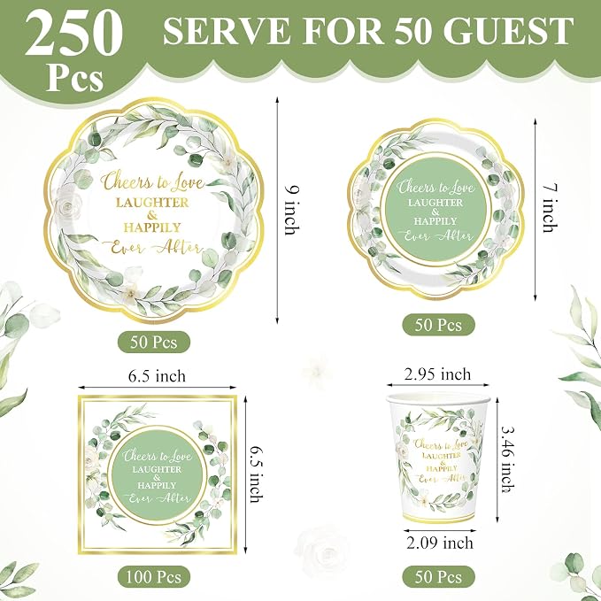Funnymoom 250 Pcs Eucalyptus Leaves Bridal Shower Party Decorations Sage Green Cheers to Love Paper Plates Napkins Cups Disposable Tableware Set for Wedding Engagement Party Supplies, Serves 50