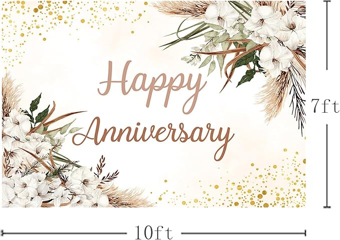 MEHOFOND Boho Happy Anniversary Backdrop White Floral Bohemia Pampas Grass Anniversary Banner Cheers to Marriage Wedding Party Decorations Memorial Portrait Photo Booth Background 10x7ft