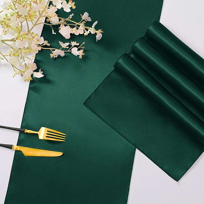 Horbaunal 24 Pack Forest Green Satin Table Runner 12 x 108 Inch, Smooth Table Runners for Wedding Banquets Birthday Party