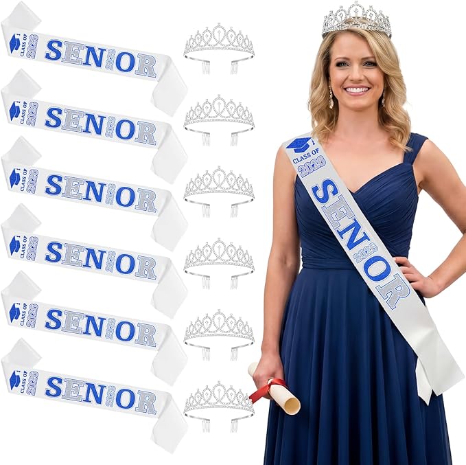 Janinka 6 Pcs Senior Sash 2026 Graduation Satin Sash with Glitter Letter Silver Crown Tiaras Cheer 2026 Gifts for Graduation Party Cheerleader Prom Photos Celebration(Blue)