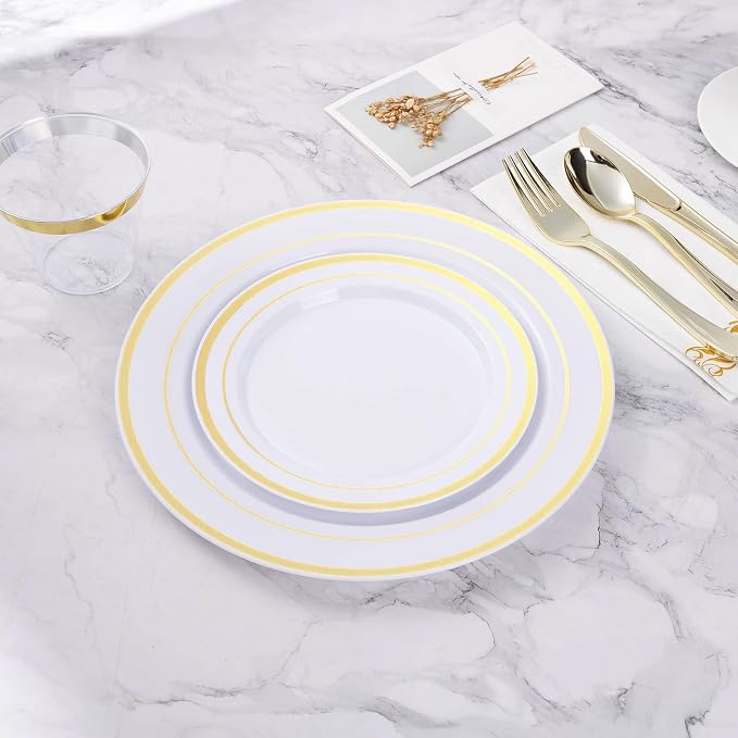 BESTVIP 300PCS Gold Plastic Plates, White with Gold Rim Disposable Plates - 150 Dinner Plates and 150 Dessert Plates, Heavy Duty Fancy Party Plates for Wedding, Catering, Large Events