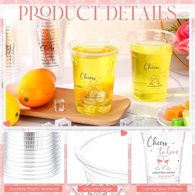 100 Pcs Plastic Wedding Cups 16 oz Cheers to Love Wedding Reception Cups Bulk Disposable Clear Plastic Drinking Glasses for Bridal Shower Engagement Bachelorette Party Supplies
