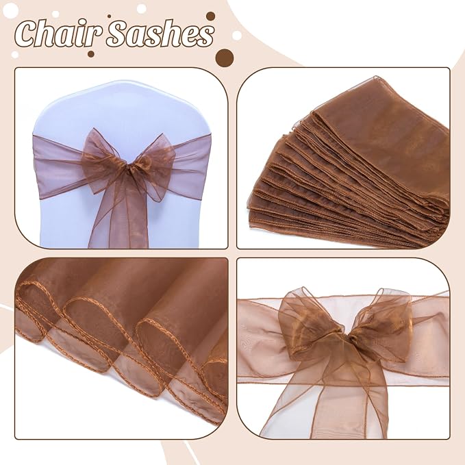 MDS® Pack of 100 Organza Chair Sashes for Wedding Decoration, Reusable Sheer Chair Bows for Banquet Chair Cover, Reception, Bridal Shower, Baby Shower, Birthday Party & Special Events - Coffee