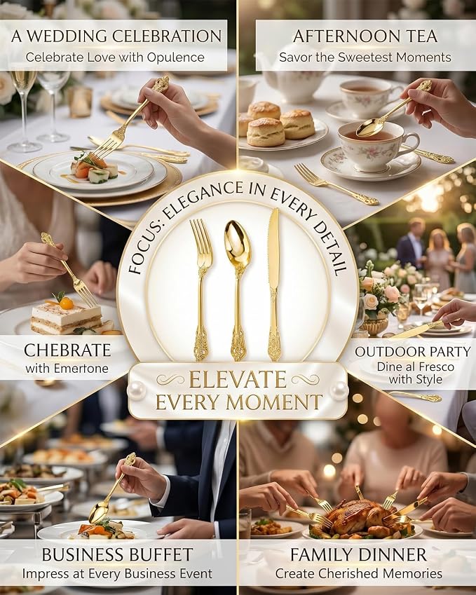 bUCLA HEAVYWEIGHT 150PCS Gold Plastic Silverware Disposable - Extra Heavy Duty Plastic Cutlery - Gold Disposable Utensils Set - Include 50 Knives, 50 Forks,50 Spoons for Party & Special Moments