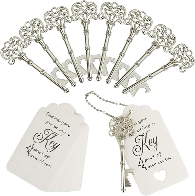 100 PCS Wedding Favors Bottle Opener,Wedding Gifts for Guest Vintage Skeleton Key Opener,Key Openers with Escort Tag Cards and Chains (Silver)