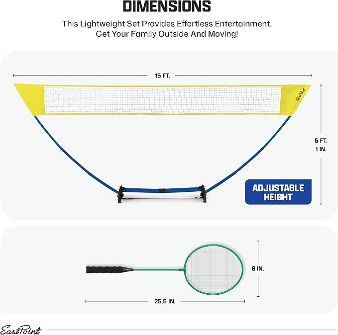 EastPoint Easy Setup Badminton Set - 15 ft Net, 4 Rackets, 2 Shuttlecocks - Quick Setup Net for Backyard Games - Steel Shaft Badminton Rackets for Family Games - Durable Shuttlecocks for Outdoors
