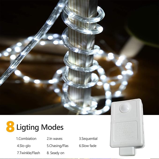 50ft 360 LED Rope Lights Outdoor, Connectable and Flexible Tube Lights with 8 Modes, Waterproof Indoor Outdoor LED Rope Lighting for Deck, Garden, Pool, Patio, Indoor Outdoor Decorations (White)