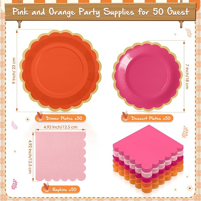 Zhehao 150 Pcs Pink and Orange Plates and Napkins Tableware Serves 50 Includes 9 Inch 7 Inch Pink and Orange Scalloped Paper Plate and Napkins for Wedding Birthday Baby Shower Party