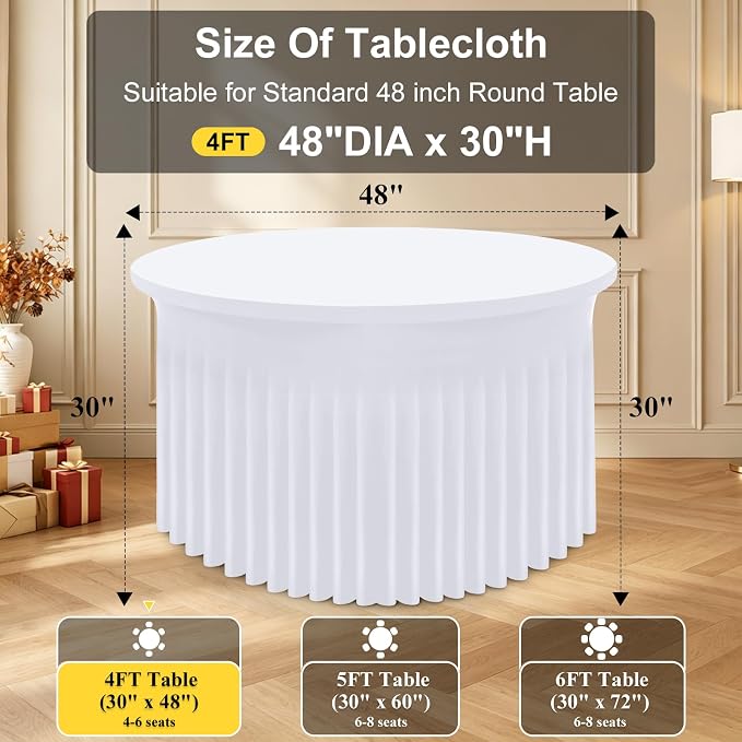 Smiry Round Spandex Tablecloth 2 Pack, Elastic Fitted Washable Tablecloths for 48 Round Tables, Waterpoof Stretch Table Cover Skirt for Outdoor, Wedding, Banquet & Parties, White