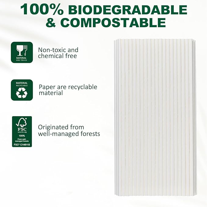 10.25" x 0.24‘ Long Disposable Paper Drinking Straws Bulk - Unwrapped, Dye-free White [600 Counts]