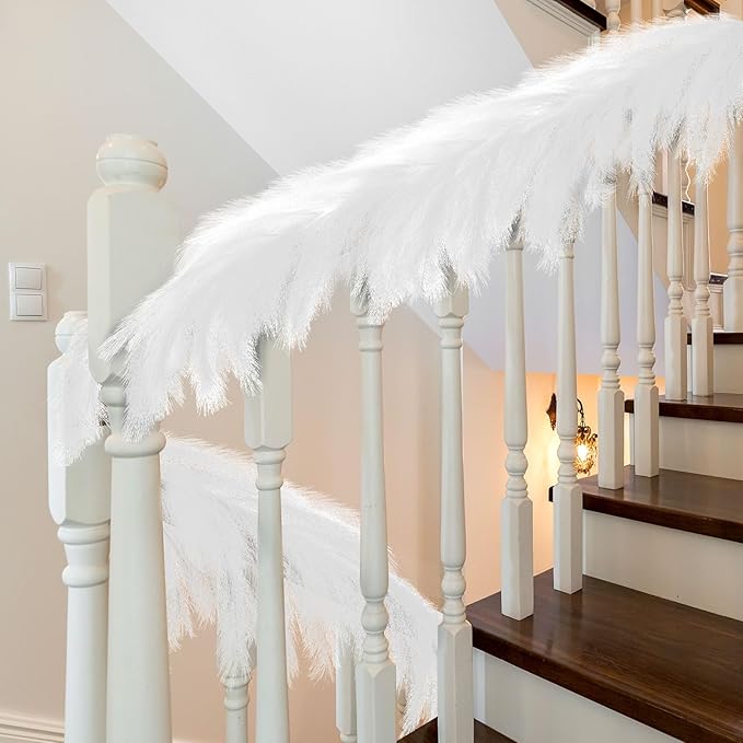 2025 2 Pcs 6 ft Christmas Tree Garland Decoration Pampas Grass Garland Faux Artificial Fabric Feathers Boho for Mantle Xmas Tree Home Farmhouse Christmas Holiday Party Supplies(White)