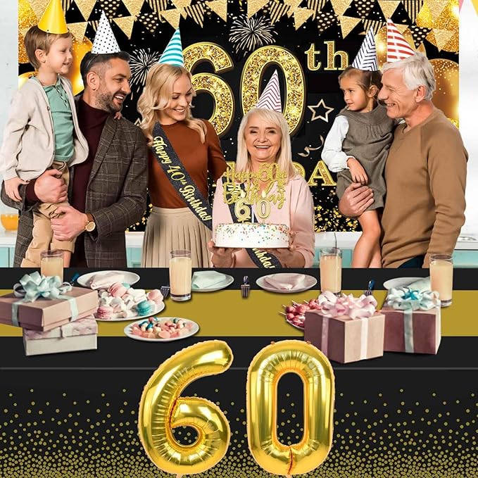 60th Birthday Decorations Men Women with 60th Birthday Banner, Black and Gold Table Cloth, Number Balloons, Large Sash, Cake Topper and Candles