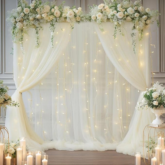 30×10ft Cream White Tulle Backdrop Curtain with Lights String for Parites, Sheer Photo Backdrop Curtains for Wedding Party Photography Background