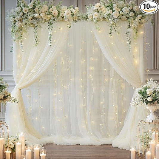 20x10ft Ivory Tulle Backdrop Curtain with Lights String for Parites, Sheer Photo Backdrop Curtains with Lights for Wedding Backdrop Ceremony Reception Bridal Shower Baby Shower Birthday Party