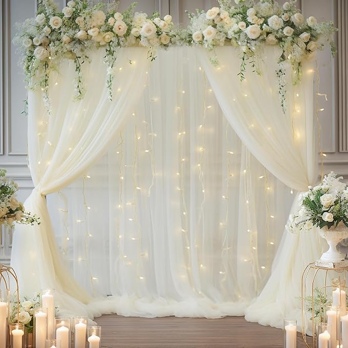 30x8ft Ivory Tulle Backdrop Curtain with Lights String for Parites, Sheer Photo Backdrop Curtains with Lights for Wedding Backdrop Ceremony Reception Bridal Shower Baby Shower Birthday Party