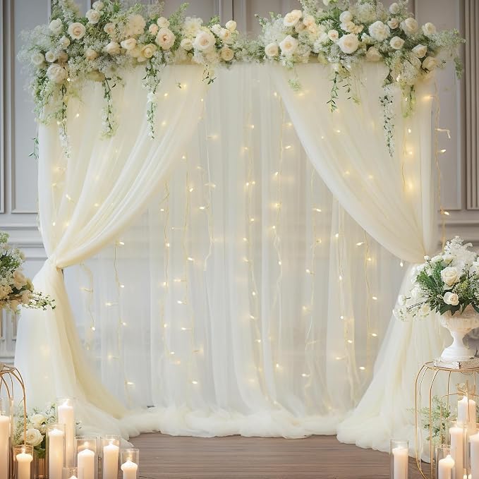 10x8ft Ivory Tulle Backdrop Curtain with Lights String for Parites, Sheer Photo Backdrop Curtains with Lights for Wedding Backdrop Ceremony Reception Bridal Shower Baby Shower Birthday Party