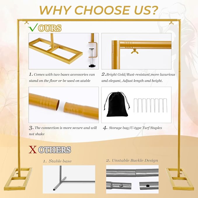 OurWarm 8.2 Ft Adjustable Wedding Backdrop Stand, 2-in-1 Floor Arch & Over-the-Table Rod, Gold Metal Square Background Frame, Photo Backdrop Balloon Arch Stand for Birthday Party Baby Shower Decor