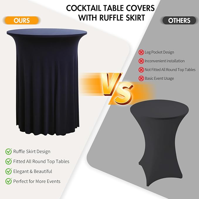 4 pk Navy Blue Cocktail Table Cloth Round 32×43in-High Top Highboy Bar Cocktail Tablecloths-Wrinkle Free Stretchy Fitted Spandex Table Covers with Ruffle Desk Skirt for Wedding Banquet Party Tables