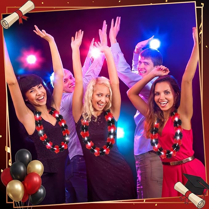 Sherr 48 Pcs Graduation LED Hawaiian Leis Class of 2026 Light Up Flower Leis Necklace with LED Lights Black Red Luau Flowers Necklaces for Graduation Party Decoration Supplies