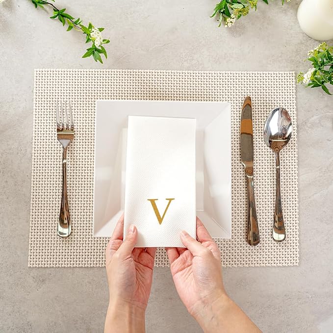 Luxenap 15.8 X 7.9 Inch Linen-Feel Guest Towels, 50 Lettered Hand Towels - Gold Letter 'V', Sans Serif Font, White Paper Dinner Napkins, airlaid, For Restrooms And Tables