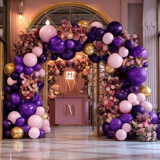 Purple and Gold Balloons Double Stuffed Royal Purple Pink Balloon Garland Kit with Artificial Flowers Balloon Arch for Baby Shower Aniversary Sweet 16, Bridal Shower and Birthday Decoration