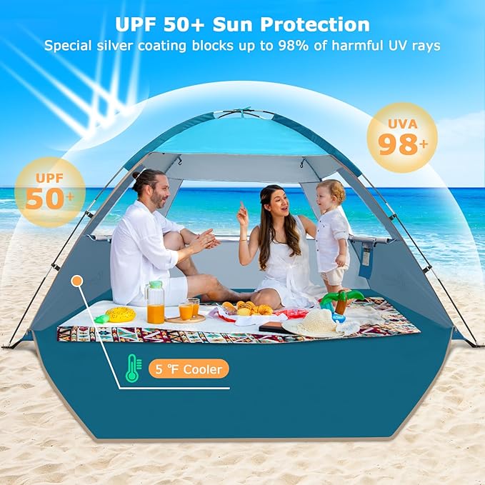 COMMOUDS Beach Tent Sun Shelter for 3/4/6/8 Person, UPF 50+ UV Protection Beach Shade Canopy Tent, Lightweight, Easy Set Up and Carry