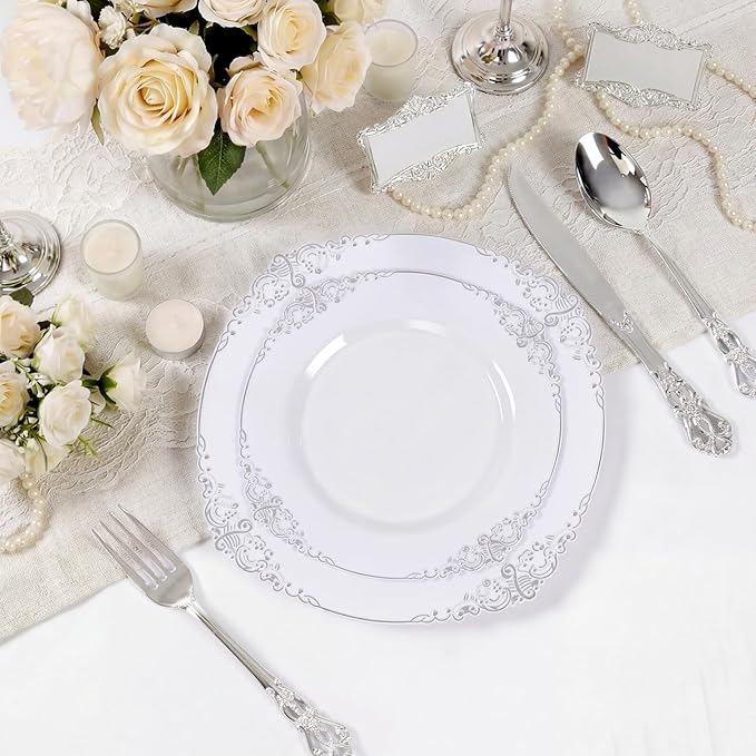 102PCS White and Silver Plastic Plates - Heavyweight Silver Plate - Wedding Plate with Silver Rim - Fancy Dinner & Dessert Plates for 51 Guests Weddings & Parties