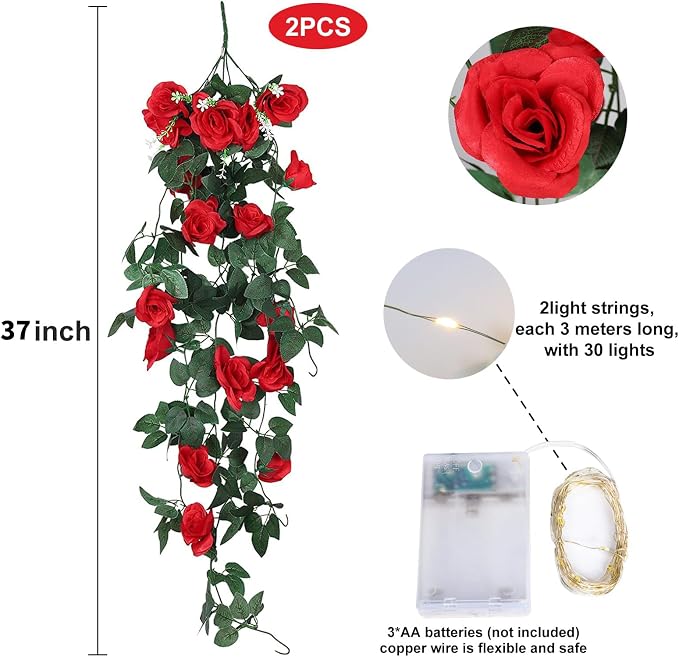 RECUTMS Artificial Red Roses Hanging Flowers Plants, 2 pcs 3.3 Ft Fake Silk Floral Ivy Garlands with 30 Fairy String Lights Greenery for Home Room Garden Wedding Arch Indoor Outdoor Wall Party Decor