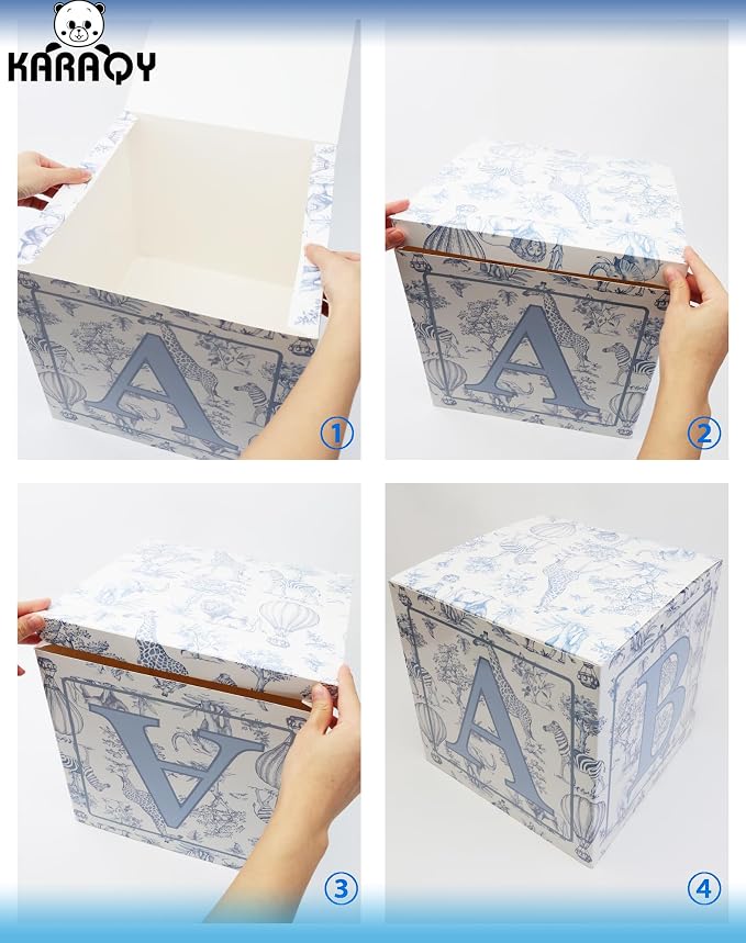 KARAQY Blue Safari Baby Shower Decorations - 4PCS Blue Toile de Jouy BABY Boxes, Jungle Animals Party Boxes for Birthday, Baby Shower Party Supplies (11.8 * 11.8 * 11.8 inches)