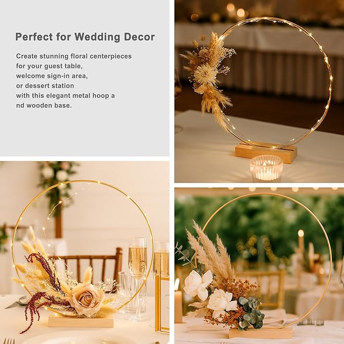 12 Pack Floral Hoop with Stand and LED Fairy Lights 10 inch Metal Rings for DIY Centerpiece Table Decorations Crafts Macrame Rings Hoop Wreath Dream Catcher Rings Wedding Christmas Wreaths, Gold