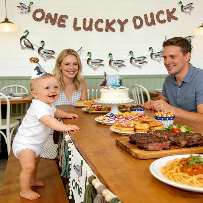 One Lucky Duck 1st Birthday Decorations- Mallard Duck Hunting High Chair Banner，One Lucky Duck Highchair Banner First Birthday with Cake Topper, Party Hat Mallard Duck Birthday Party Supplies