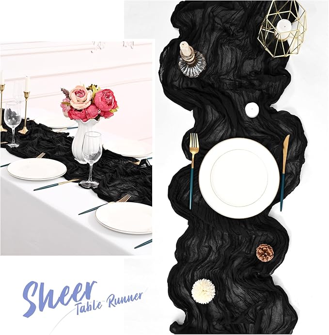 24 Pack Black Cheesecloth Table Runners,10FT Boho Gauze Table Runner,35x120inch Rustic Table Runner for Wedding Party Bridal Shower Thanksgiving Christmas Boho Table Decoration