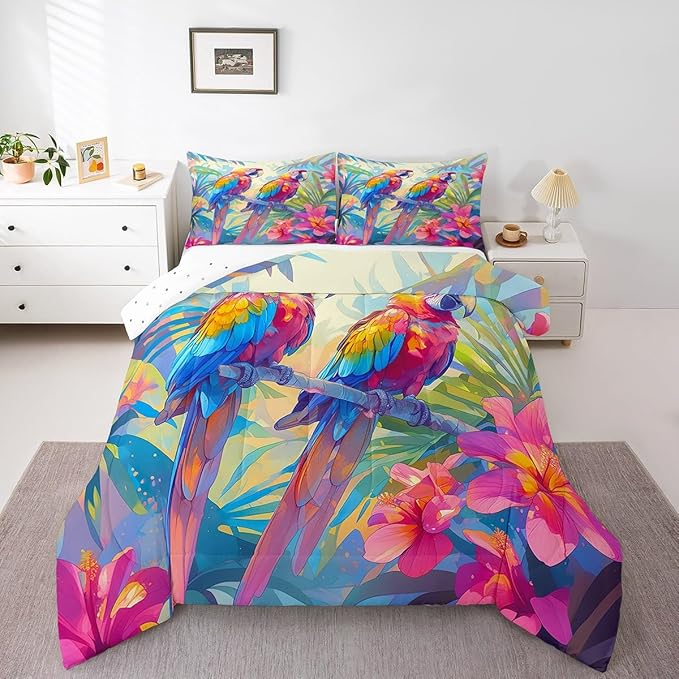 jejeloiu Parrot Comforter Set Toddler Kids Blossom Flowers Floral Pattern Bedding Set for Boys Girls Woodland Bird Animals Palm Leaf Nature Theme Duvet Quilt Room Decor