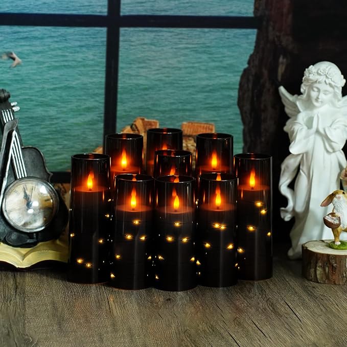 Nimiko Flickering Flameless LED Candles, 9 Pcs with Embedded Star String, Acrylic LED Pillar Candles with Remote, Suitable for Home Decoration (Black)