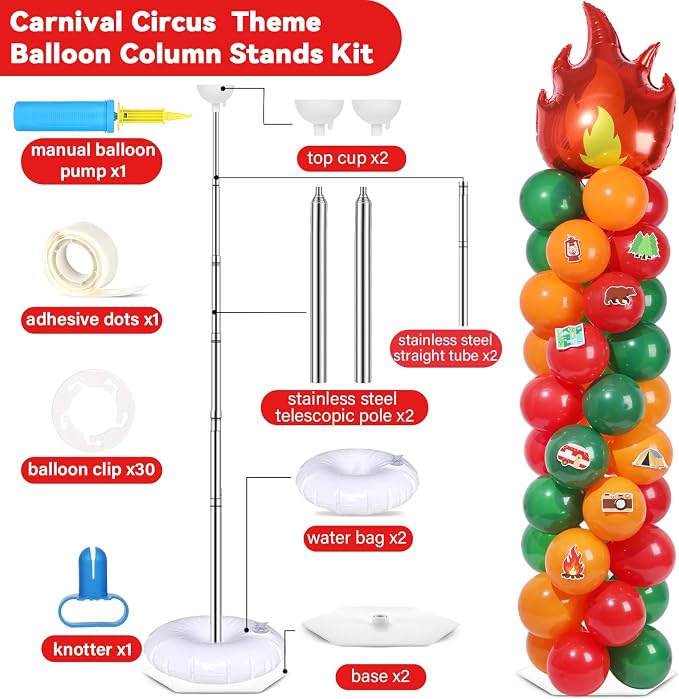 2 Sets Vbs Camping Balloon Column Stand Kit With 102 Camping Balloons Campfire Foil 5.57ft Adjustable Balloon Tower Stand With Bases Adjustable Arch Column for 2026 School Camp Party Birthday Supplies