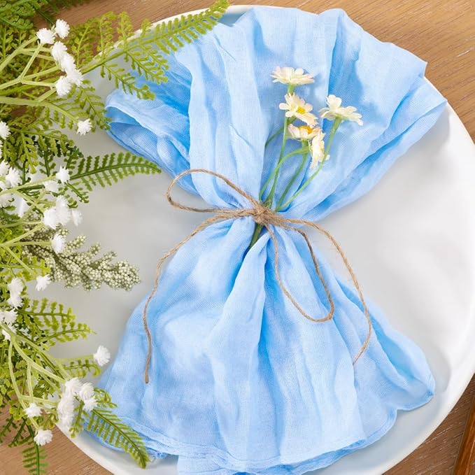 25pcs Sky Blue Cheesecloth Napkins Spring Washable Boho Rustic Gauze Table Cloth Napkins Bulk 21x21 Inches for Wedding Party Bridal Baby Shower Birthday Table Decor