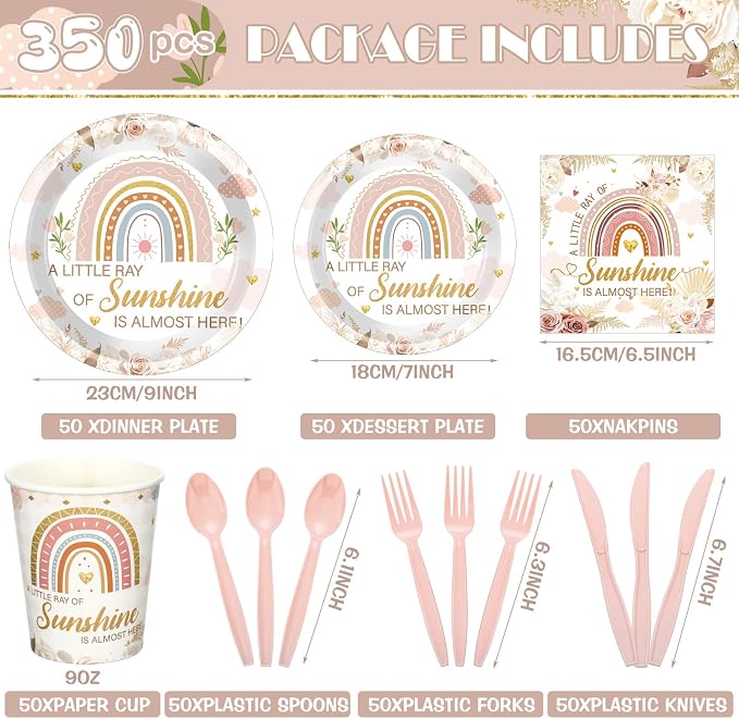 Dandat 350 Pcs Baby Shower Party Supplies Serves 50 Tableware Sets Include Plates Napkin Cup Forks Knives Spoons Disposable Dinnerware (Boho Style,Pink)