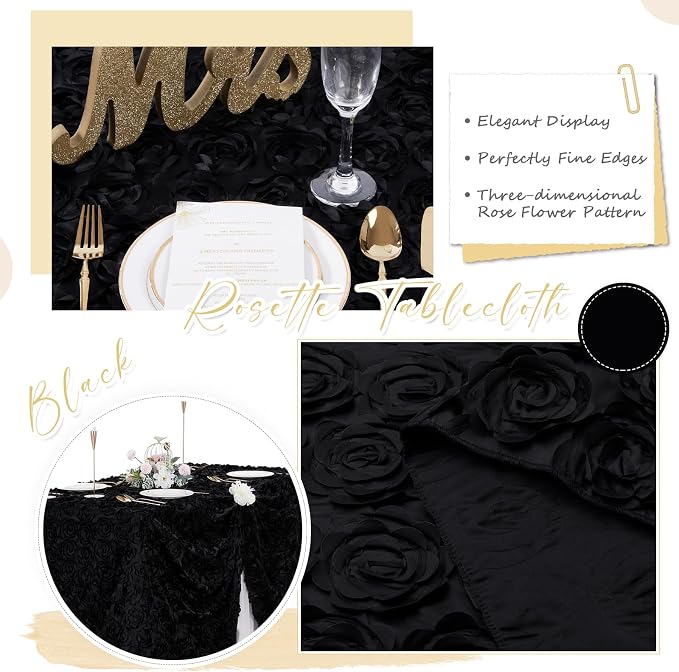 Fanqisi Black Tablecloth 90x132 Inches Rosette Wedding Tablecloth Party Table Decor Rectangle Satin Floral Table Cover for Baby Shower Decorations