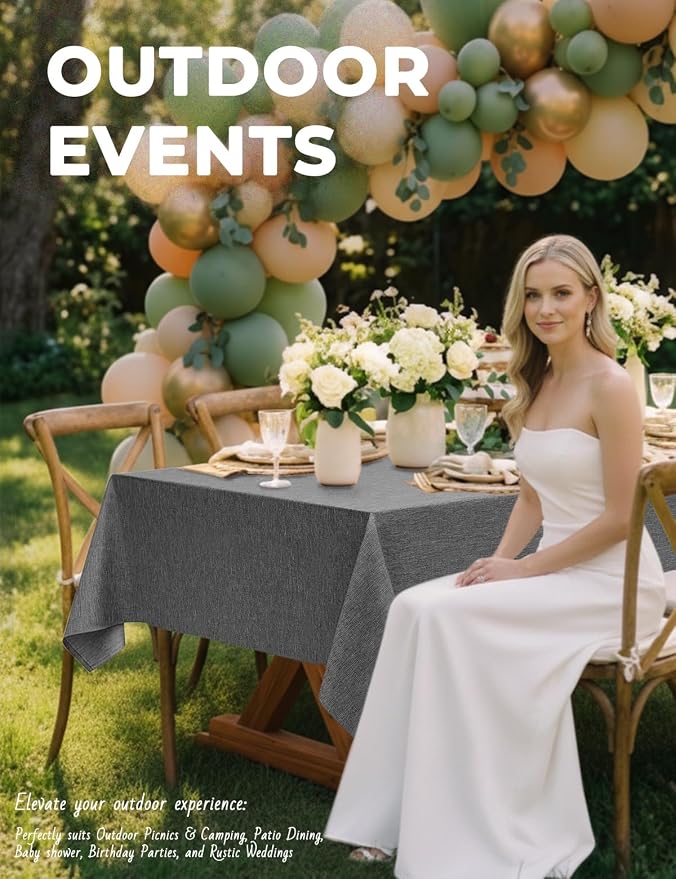 Decorelia Faux Linen Farmhouse Table Cloth 60"x104" for 6 ft Rectangle Table, Dark Grey Waterproof Outdoor Washable Cloth Tablecloth for Rectangular Dining Room Kitchen Outdoor Party Restaurant Table