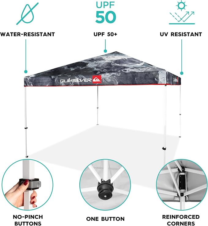 Quiksilver 10x10 Pop Up Canopy – UPF 50+ Outdoor Beach Tent with One-Push Setup – Portable Shade Shelter for Beach, Tailgate, Festivals, Camping – Water-Resistant Folding Gazebo with Wheeled Bag